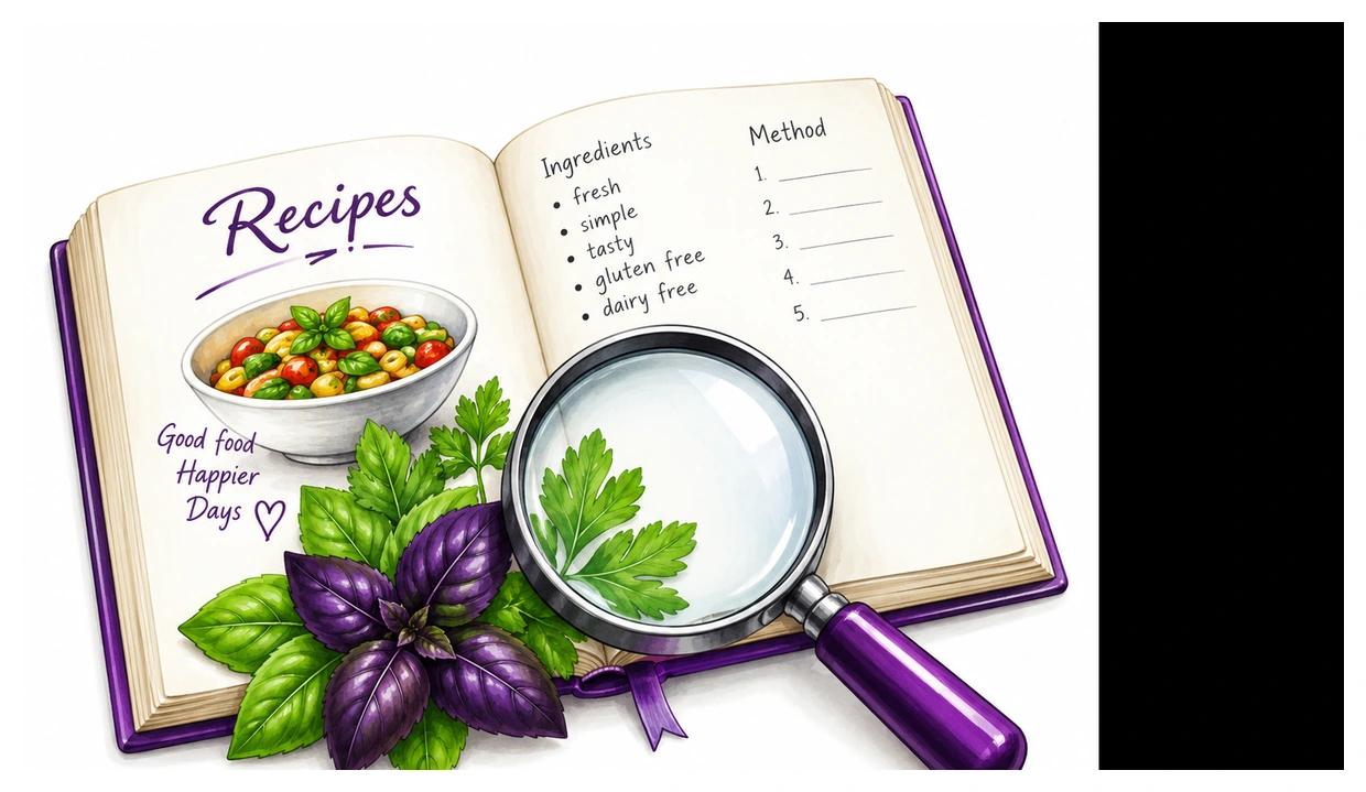 Open recipe book with magnifying glass