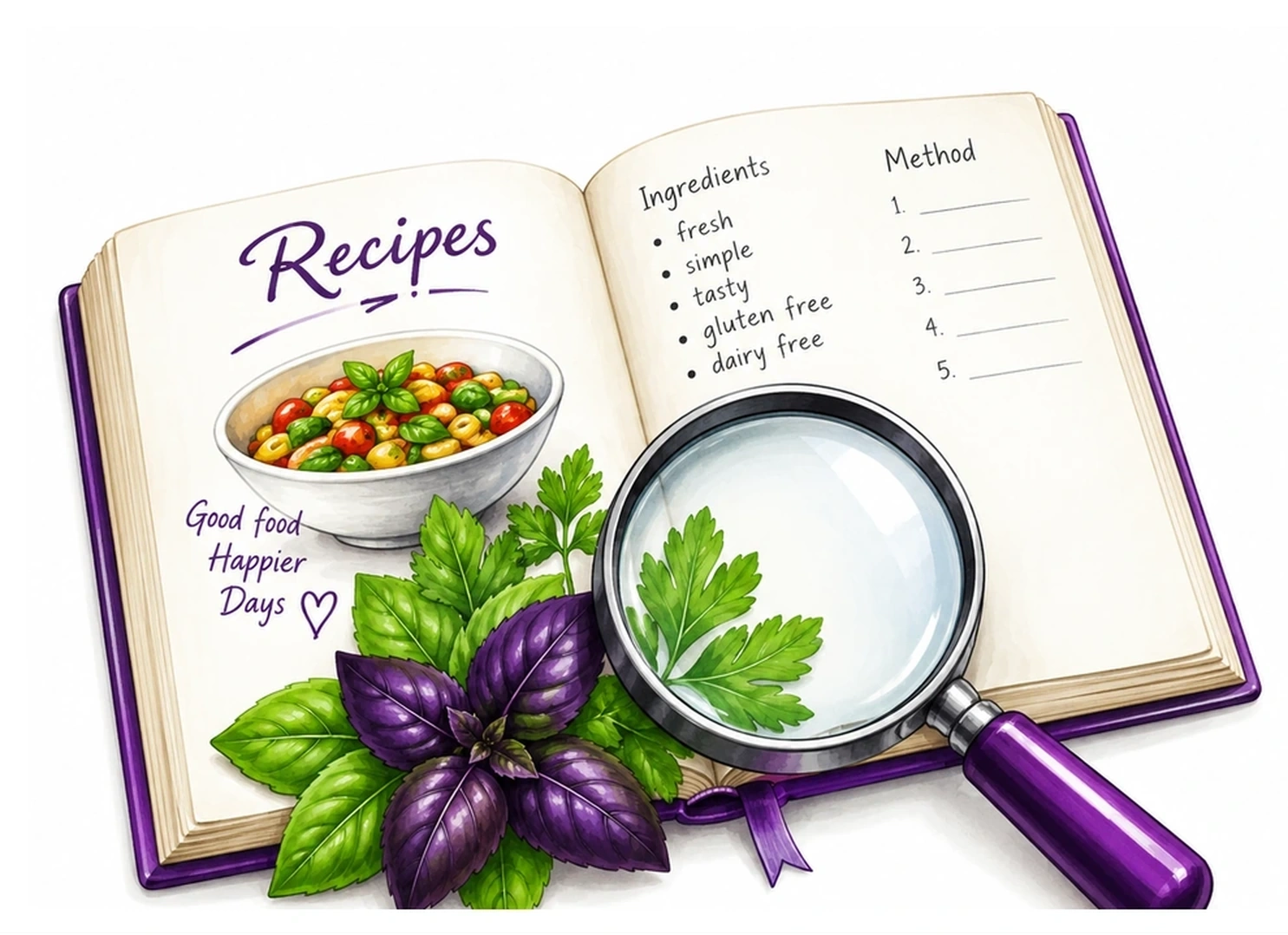 Open recipe book with magnifying glass