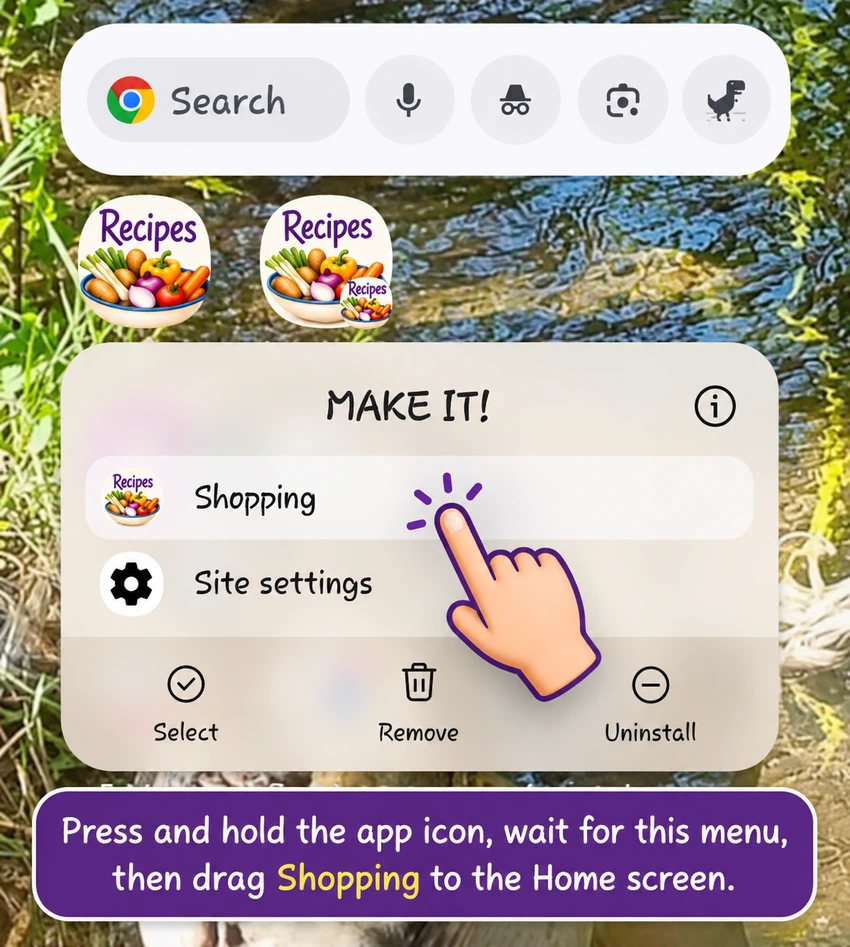 Android shortcut menu with a hand pointing to Shopping